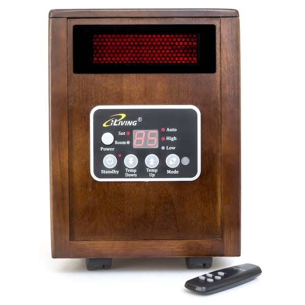 Iliving Infrared Portable Space Heater with Dual Heating System, 1500W, Walnut Wooden Cabinet - ILG-918