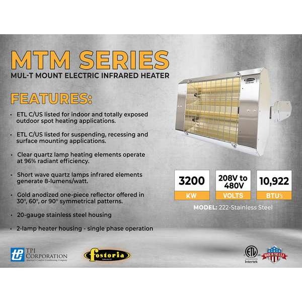 Fostoria Infrared Quartz Electric Heater, 1 Phase, Stainless Steel, 480V AC - P-30-222-THSS