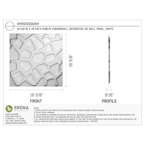Ekena Millwork 19 5/8in. W x 19 5/8in. H Dublin EnduraWall Decor 3D Wall Panel Covers, Total 32.1 Sq. Ft., 12PK - WP20X20DUWH-CASE-12