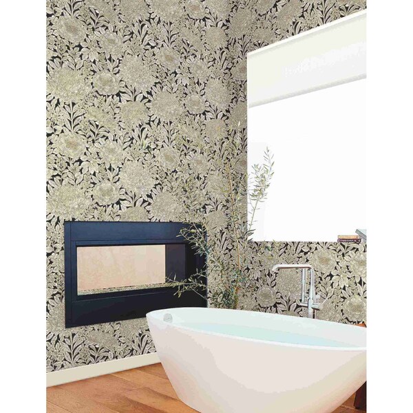York Wallcoverings Wood Block Blooms Black and Gold Wallpaper Sample - BW3923SAM