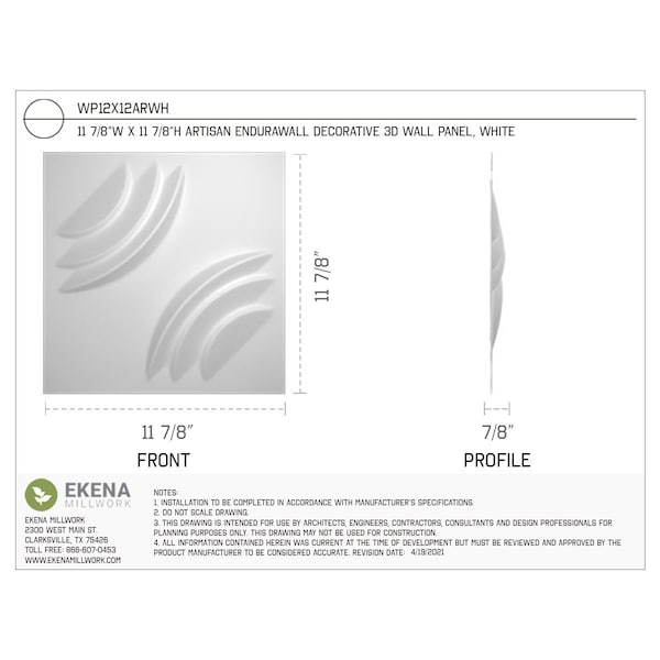 Ekena Millwork 11 7/8in. W x 11 7/8in. H Artisan EnduraWall Decor 3D Wall Panel Covers, Total 9.79 Sq. Ft., 10PK - WP12X12ARWH-CASE-10