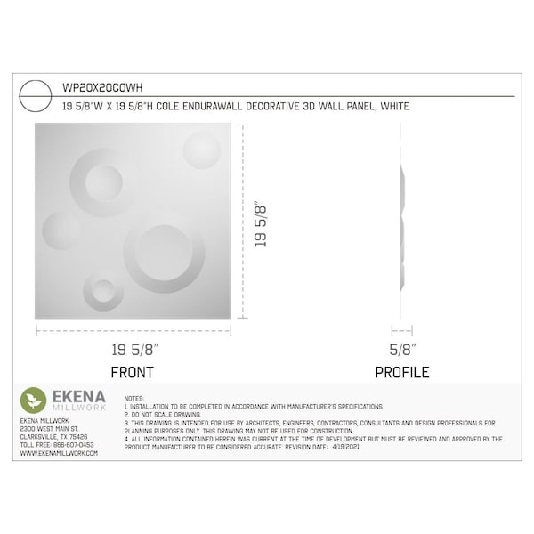 Ekena Millwork 19 5/8in. W x 19 5/8in. H Cole EnduraWall Decorative 3D Wall Panel Covers Total 53.49 Sq. Ft., 20PK - WP20X20COWH-CASE-20