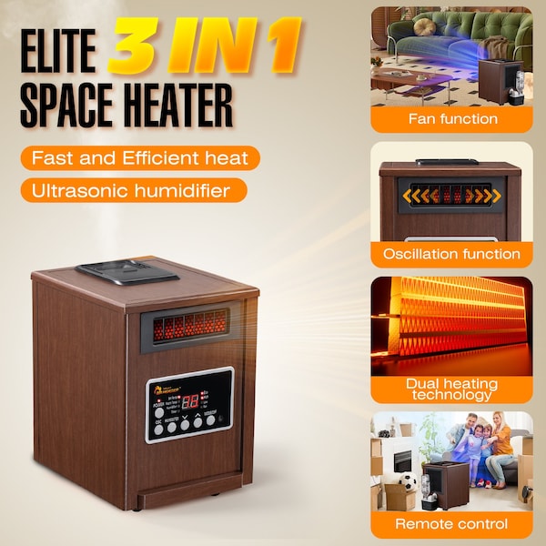 Dr Infrared Heater Walnut Advanced Dual Heating System with Humidifier and Oscillation Fan and Remote Control - DR-998W