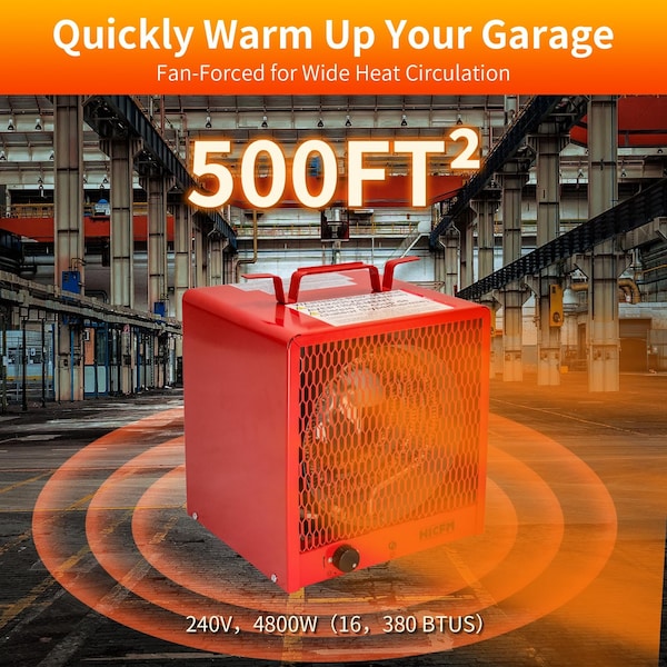 Edendirect 4800W Red Electric Garage Heater, Micathermic Space Heater, Integrated Thermostat Control - HCR-48