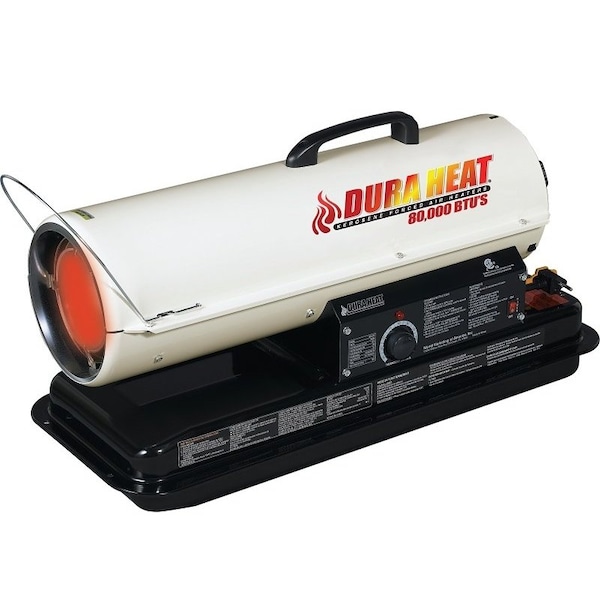 Dura Heat DFA80T/75T Kero Forced Air Heater with Thermostat, 80,000 Btu, 2000 sq-ft Heating Area, White - DFA80T/75T