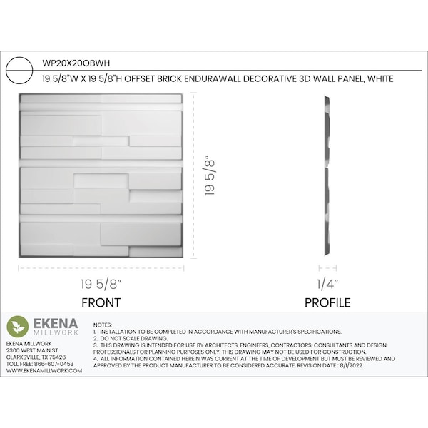 Ekena Millwork 19 5/8in. W x 19 5/8in. H Offset Brick EnduraWall Decorative 3D Wall Panel, White, 10PK - WP20X20OBWH-CASE-10