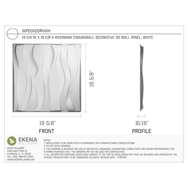 Ekena Millwork 19 5/8in. W x 19 5/8in. H Riverbank EnduraWall Decor 3D Wall Panel Covers, Total 32.1 Sq. Ft., 12PK - WP20X20RVWH-CASE-12