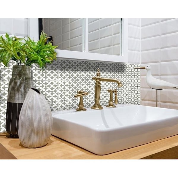 Homeroots 6 x 6 in. Sage Gray Fleur Removable Peel & Stick Tiles - 400397