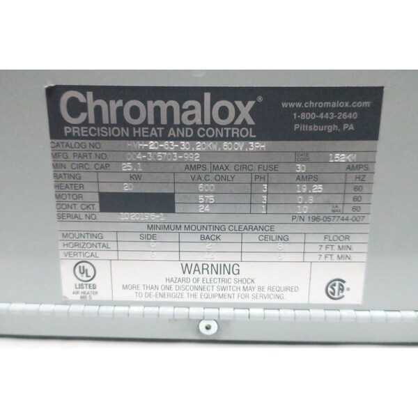 Chromalox FAN FORCED 3PH 20KW 600V-AC ELECTRIC HEATER - HVH-20-63-30