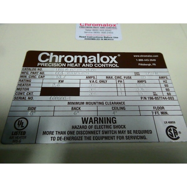 Chromalox 1PH 2.6KW 208V-AC ELECTRIC HEATER - LUH-D-02-81-34-00