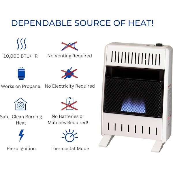 Procom Heating Liquid Propane Ventless Blue Flame Heater with Base Feet, 10,000 BTU, T-Stat Control - ML100TBA-B