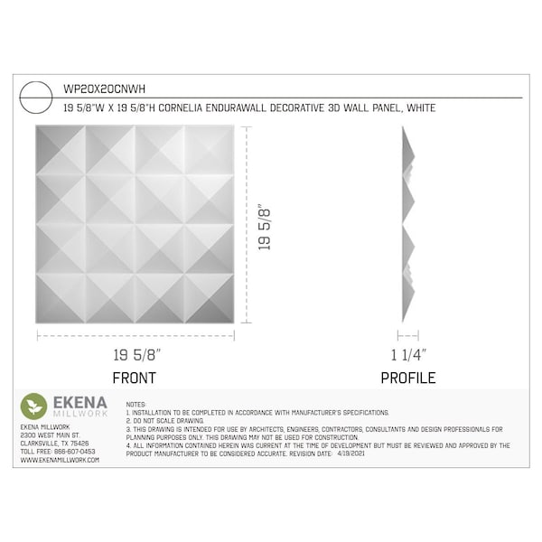Ekena Millwork 19 5/8in. W x 19 5/8in. H Cornelia EnduraWall Decor 3D Wall Panel Covers Total 53.49 Sq. Ft., 20PK - WP20X20CNWH-CASE-20