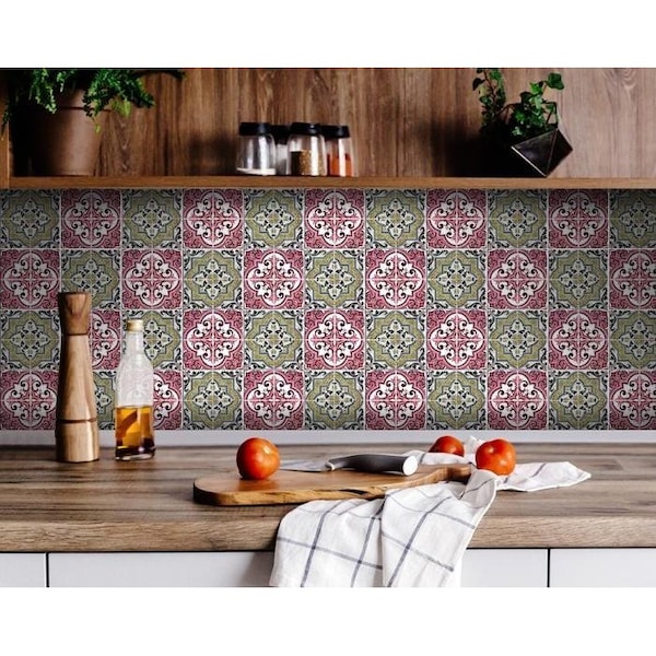 Homeroots 4 x 4 in. Vintage Cran & Green Peel & Stick Removable Tiles - 400165