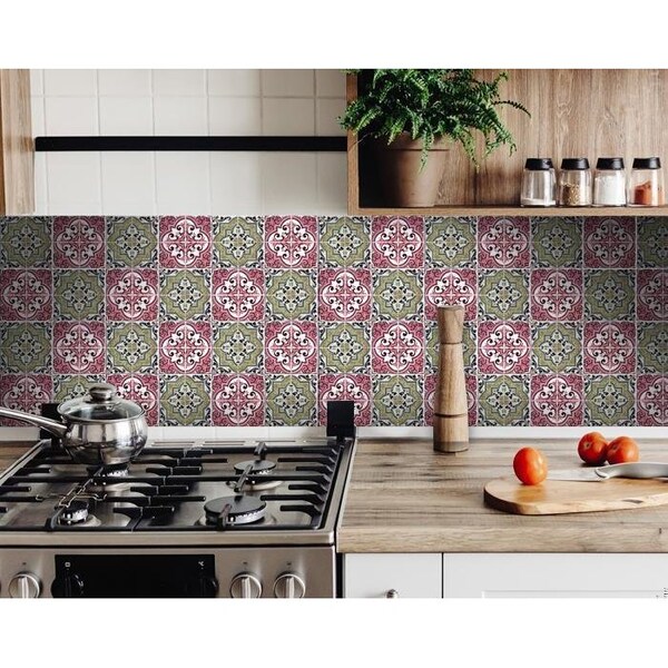 Homeroots 4 x 4 in. Vintage Cran & Green Peel & Stick Removable Tiles - 400165