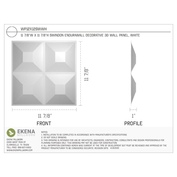 Ekena Millwork 11 7/8in. W x 11 7/8in. H Swindon EnduraWall Decor 3D Wall Panel Covers Total 48.96 Sq. Ft., 50PK - WP12X12SWWH-CASE-50