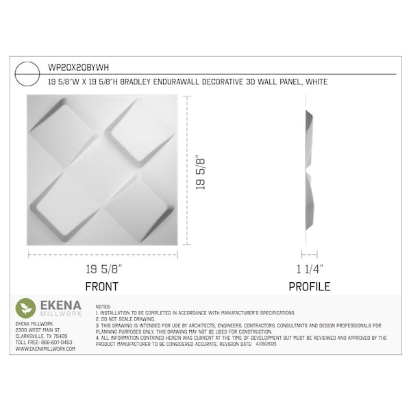 Ekena Millwork 19 5/8in. W x 19 5/8in. H Bradley EnduraWall Decor 3D Wall Panel Covers, Total 26.75 Sq. Ft., 10PK - WP20X20BYWH-CASE-10