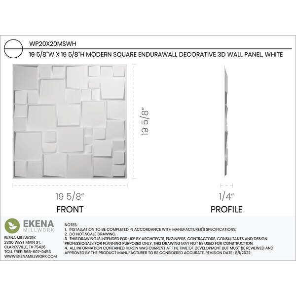 Ekena Millwork 19 5/8in. W x 19 5/8in. H Modern Square EnduraWall Decorative 3D Wall Panel, White, 10PK - WP20X20MSWH-CASE-10