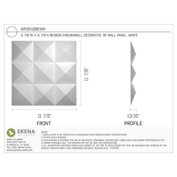 Ekena Millwork 11 7/8in. W x 11 7/8in. H Benson EnduraWall Decor 3D Wall Panel Covers, Total 11.75 Sq. Ft., 12PK - WP12X12BEWH-CASE-12