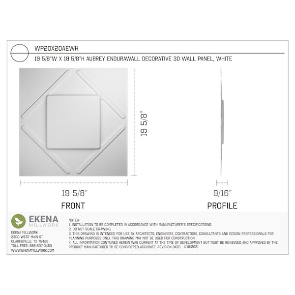 Ekena Millwork 19 5/8in. W x 19 5/8in. H Aubrey EnduraWall Decor 3D Wall Panel Covers Total 53.49 Sq. Ft., 20PK - WP20X20AEWH-CASE-20