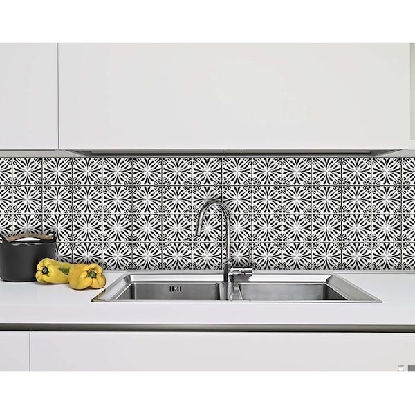 Homeroots 4 x 4 in. Black & White Flo Peel & Stick Removable Tiles - 399950