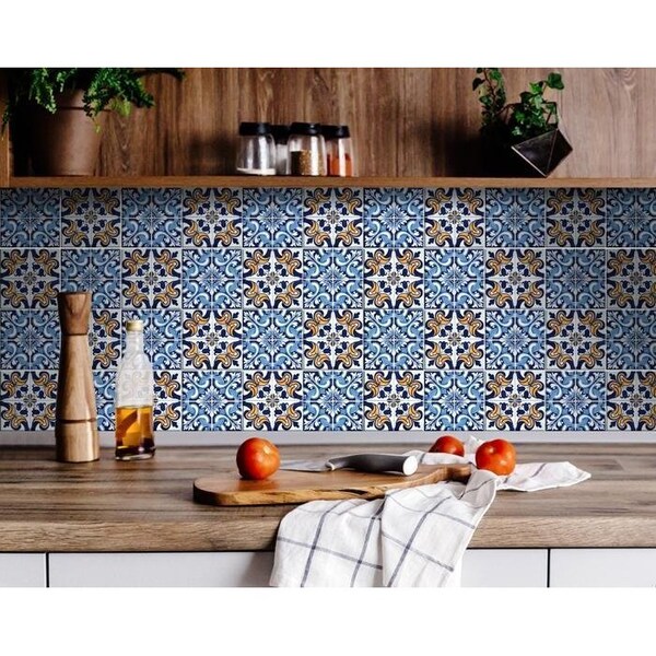 Homeroots 8 x 8 in. Blue White Golden Peel & Stick Tiles - 400176