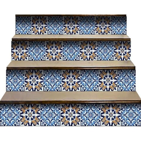 Homeroots 8 x 8 in. Blue White Golden Peel & Stick Tiles - 400176