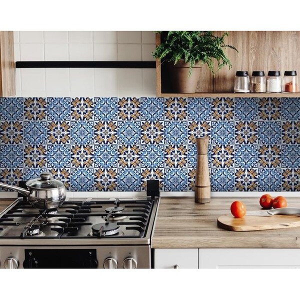 Homeroots 8 x 8 in. Blue White Golden Peel & Stick Tiles - 400176