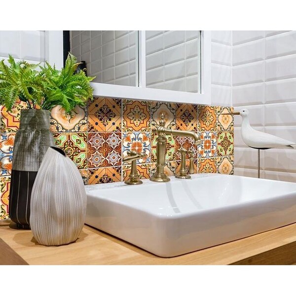 Homeroots 7 x 7 in. Golden Multi Orange Mosaic Peel & Stick Tiles - 400308