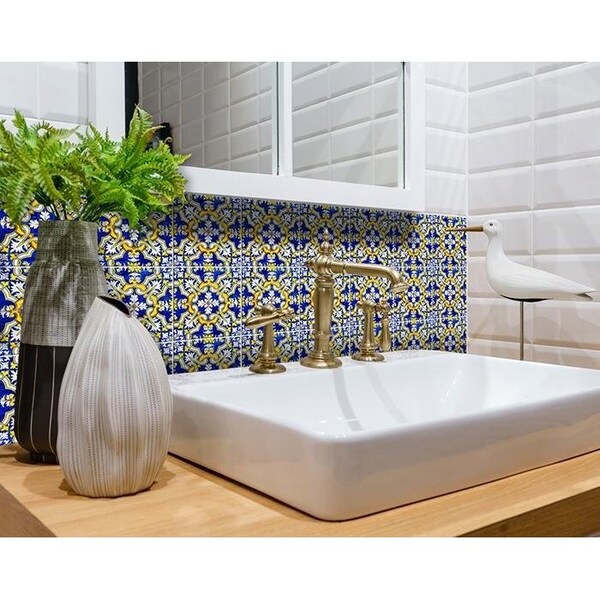 Homeroots 4 x 4 in. Blue & Yellow Links Peel & Stick Tiles - 400090