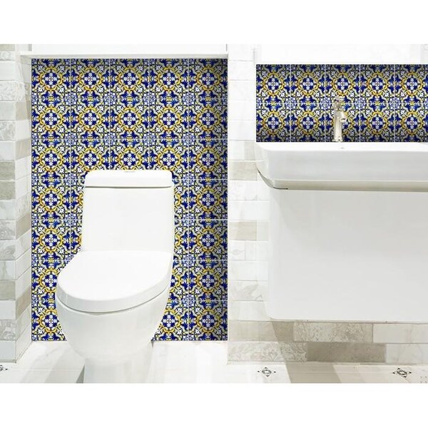 Homeroots 4 x 4 in. Blue & Yellow Links Peel & Stick Tiles - 400090