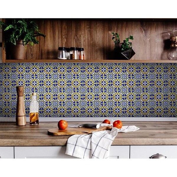 Homeroots 4 x 4 in. Blue & Yellow Links Peel & Stick Tiles - 400090