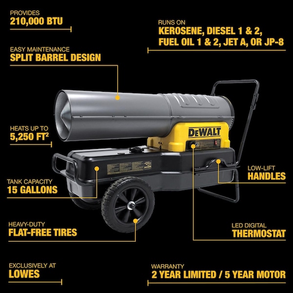 Dewalt DeWalt 210,000 Btu/h 6,000 sq ft Forced Air Diesel/Kerosene Heater - F340775