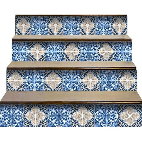 Homeroots 7 x 7 in. Blues & Crema Peel & Stick Removable Tiles - 400087