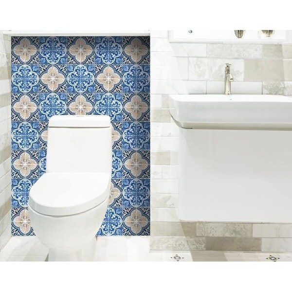 Homeroots 5 x 5 in. Blues & Crema Peel & Stick Removable Tiles - 400085