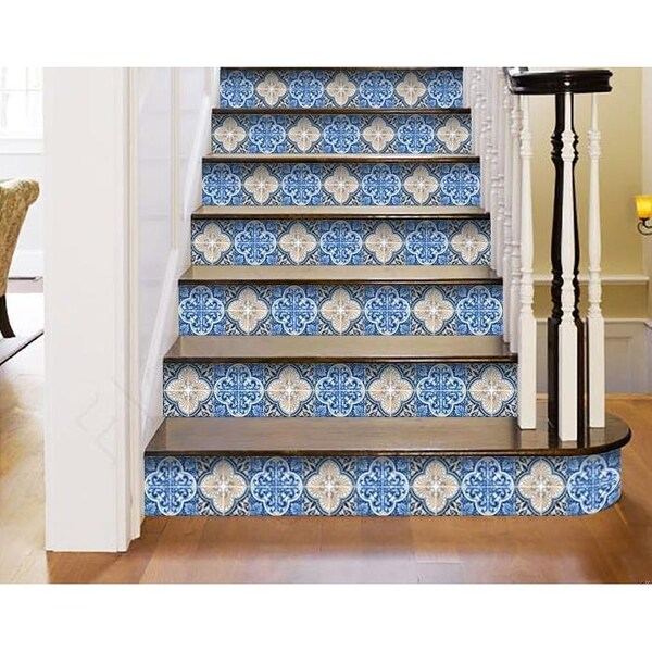 Homeroots 5 x 5 in. Blues & Crema Peel & Stick Removable Tiles - 400085