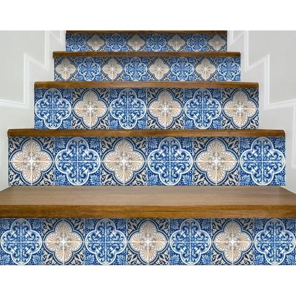 Homeroots 5 x 5 in. Blues & Crema Peel & Stick Removable Tiles - 400085