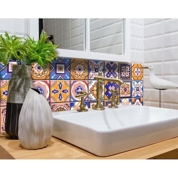 Homeroots 4 x 4 in. Blue Gold & Blush Mosaic Peel & Stick Removable Tiles - 400454