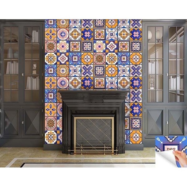 Homeroots 4 x 4 in. Blue Gold & Blush Mosaic Peel & Stick Removable Tiles - 400454