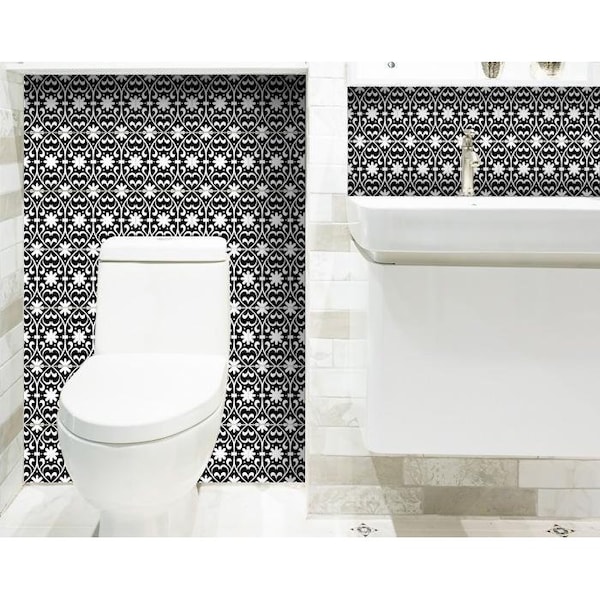 Homeroots 5 x 5 in. Black & White Floral Peel & Stick Removable Tiles - 399876