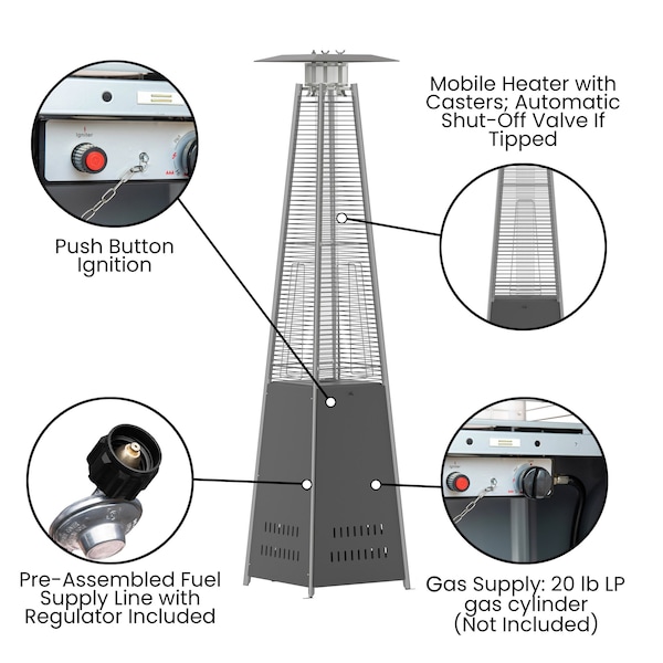 Flash Furniture Sol Patio Outdoor Heating-Slate Gray Stainless Steel Pyramid 42,000 BTU Propane Heater w/Wheels - NAN-FSDC-01-GY-GG