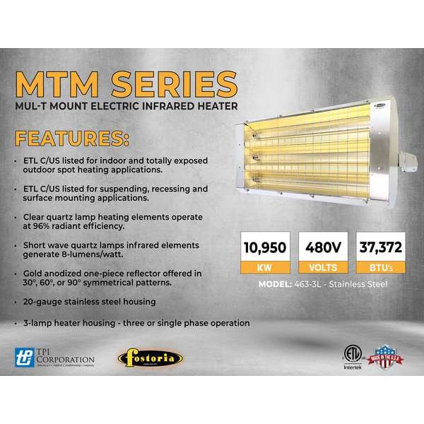 Fostoria Infrared Quartz Electric Heater, 1, 3 Phase, Stainless Steel, 480V AC - P-30-463-THSS