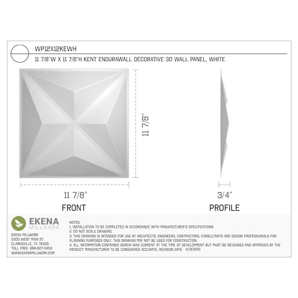Ekena Millwork 11 7/8in. W x 11 7/8in. H Kent EnduraWall Decorative 3D Wall Panel Covers, Total 9.79 Sq. Ft., 10PK - WP12X12KEWH-CASE-10