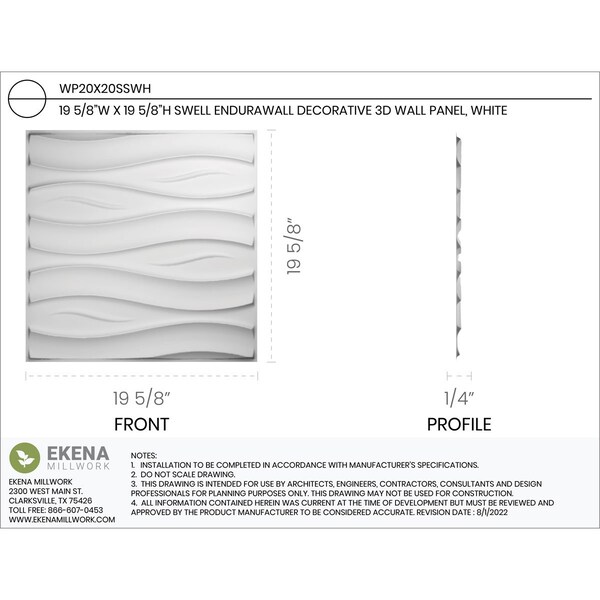 Ekena Millwork 19 5/8in. W x 19 5/8in. H Swell EnduraWall Decorative 3D Wall Panel Covers, Total 32.1 Sq. Ft., 12PK - WP20X20SSWH-CASE-12