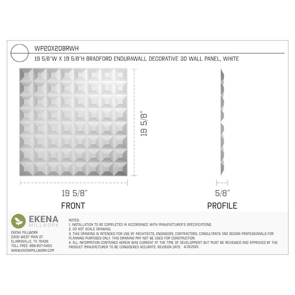 Ekena Millwork 19 5/8in. W x 19 5/8in. H Bradford EnduraWall Decor 3D Wall Panel Covers, Total 26.75 Sq. Ft., 10PK - WP20X20BRWH-CASE-10