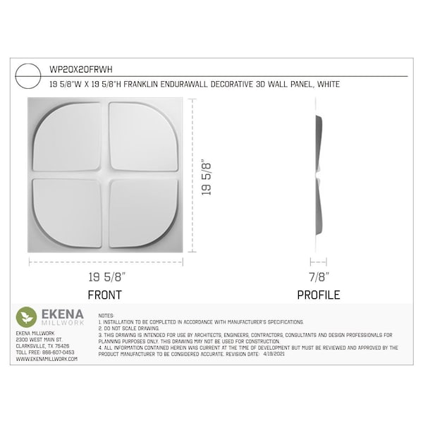 Ekena Millwork 19 5/8in. W x 19 5/8in. H Franklin EnduraWall Decor 3D Wall Panel Covers Total 53.49 Sq. Ft., 20PK - WP20X20FRWH-CASE-20