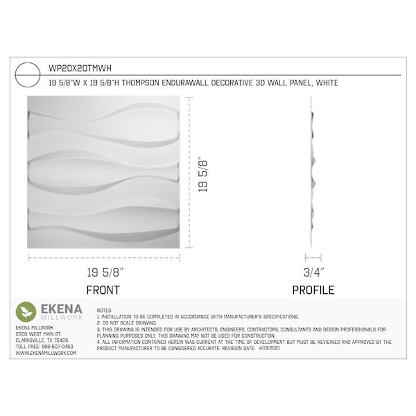 Ekena Millwork 19 5/8in. W x 19 5/8in. H Thompson EnduraWall Decor 3D Wall Panel Covers, Total 26.75 Sq. Ft., 10PK - WP20X20TMWH-CASE-10