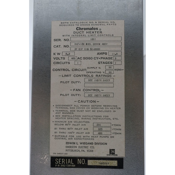 Chromalox Duct 3Ph 93Kw 460VAc Electric Heater - DHF-12W 030L 009KW 460V 3P 03F 01S 50-0000