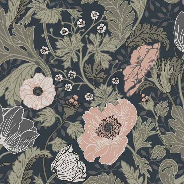 Manhattan Comfort Limoges Anemone Navy Floral 33 ft L X 209 in W Wallpaper - BR4080-44103