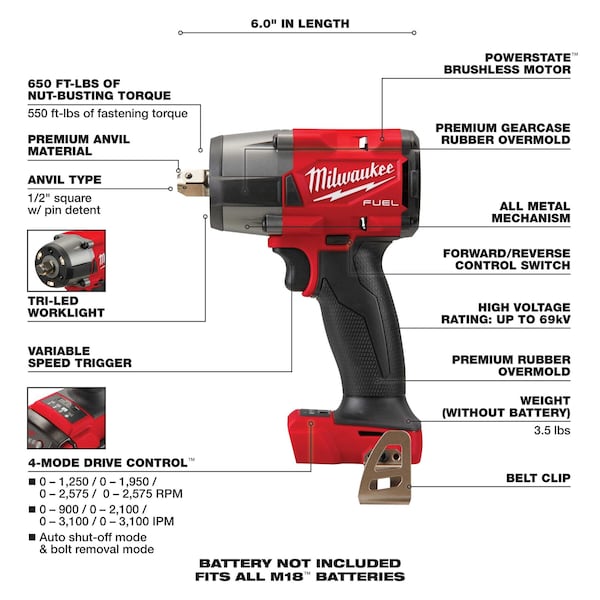 Milwaukee Tool Mid-Torque Impact Wrench, Drive Size 1/2 in Square, 18 V, Includes Battery - 2962P-20, 48-11-1850