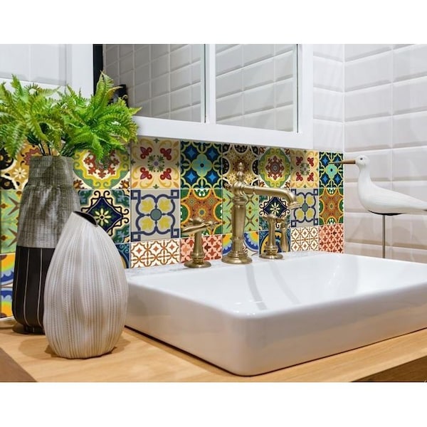 Homeroots 4 x 4 in. Auguri Green Mix Peel & Stick Removable Tiles - 400020